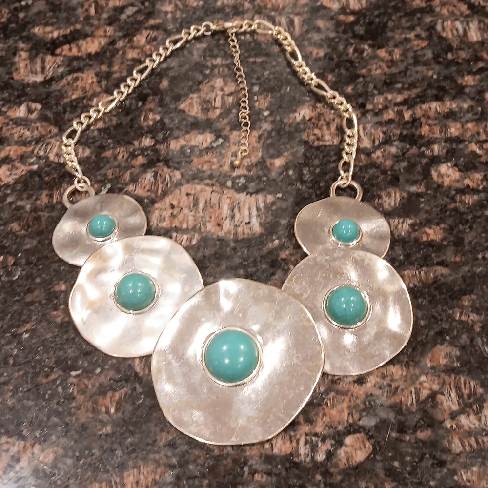 Boho Faux Turquoise Silver Statement Necklace Adjustable Chain EUC